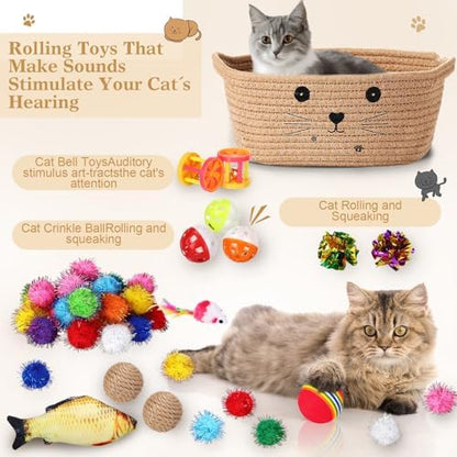 Zopeal 58 Pcs Cat Toy Set with Storage Basket Indoor, Khaki, 9.8 Inch - Image 3