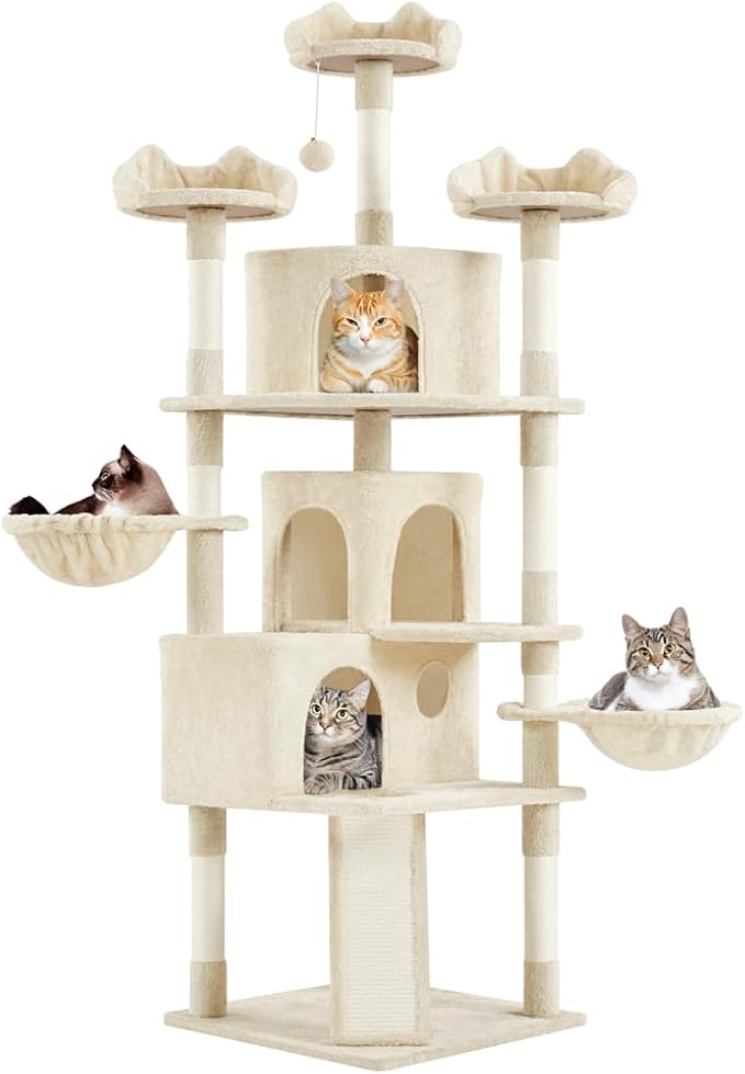 Yaheetech 76.5in Multi-Level Large Cat Tree, Big Cat Tower with 3 Condos, Cozy Plush Perches, 9 Sisal Scratching Posts and Ladder, Activity Center for Large Kitties, Beige