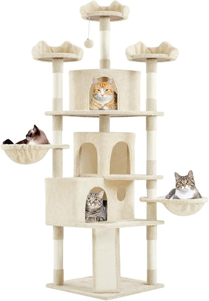 Yaheetech 76.5in Multi-Level Large Cat Tree, Big Cat Tower with 3 Condos, Cozy Plush Perches, 9 Sisal Scratching Posts and Ladder, Activity Center for Large Kitties, Beige