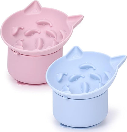 2 Pack Silicone Cat Slow Feeder, Elevated Slow Feeder Cat Bowl for Dry and Wet Food, Tilted Design with Non Slip Base, Adjustable Angle for Pet(Pink and Blue)