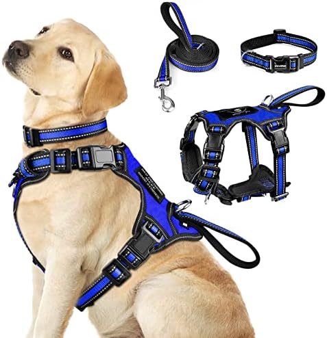 WINSEE Pet Harness Collar and Leash Set, All-in-one Reflective Dog Harness No Pull with Adjustable Buckles for Puppies, Small, Medium, Large, and Extra-Large Dogs (Large, Dark Blue) by WINSEE