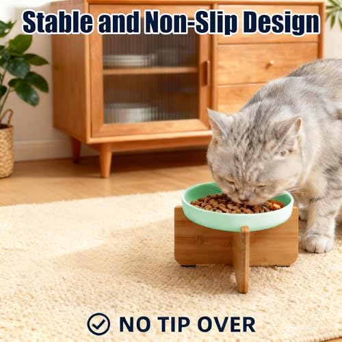 Shallow Elevated Cat Bowls with Bamboo Stand, 6.1 Inch Wide Ceramic Cat Dish Whisker Friendly, 2 Pack Pet Food and Water Plates - Image 5