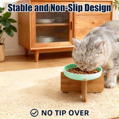 Shallow Elevated Cat Bowls with Bamboo Stand, 6.1 Inch Wide Ceramic Cat Dish Whisker Friendly, 2 Pack Pet Food and Water Plates - Image 5