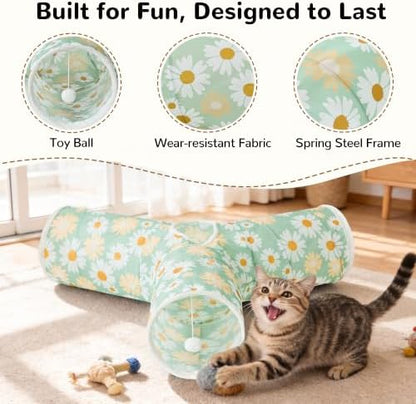 Tempcore Cat Tunnel, 3-Way Collapsible Toy, Large Size Daisy Green Printed - Image 5