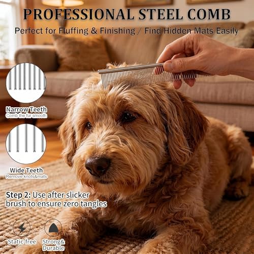 Slicker Brush for Dogs Grooming Kit with Cleaning Rake Tool 4PCS - Image 6