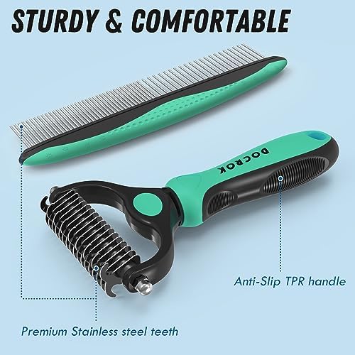 Docrok Pet Grooming Brush and Metal Comb Combo for Dogs & Cats, Green - Image 6