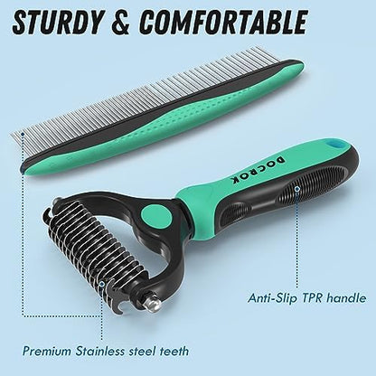 Docrok Pet Grooming Brush and Metal Comb Combo for Dogs & Cats, Green - Image 6