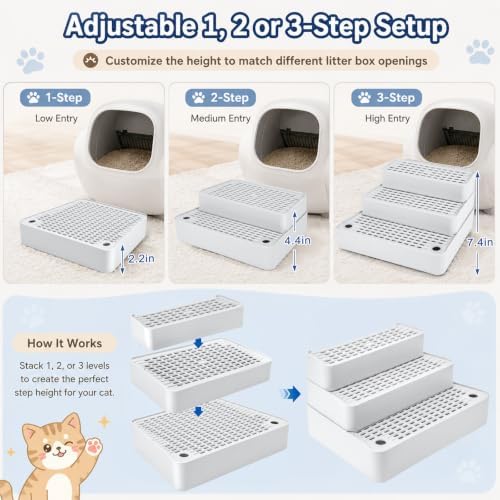 Adjustable 3 Step Litter Box Step, Cat Litter Box Ramp, Light Grey - Image 2