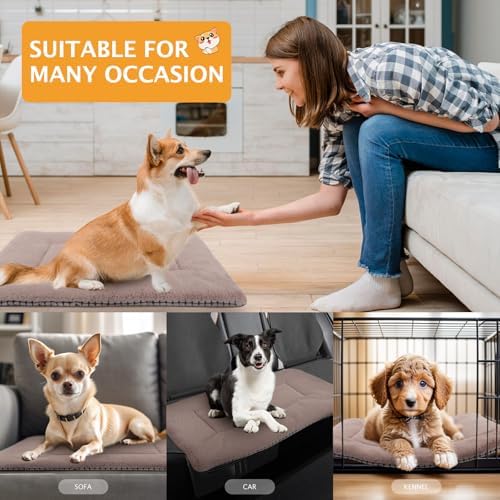 Reversible Dog Bed Mat with Plush and Corn Velvet,Soft Warm Pet Cushion, Dual Purpose Washable Sleeping Mattress Bed for Small Medium Large Dog and Cat XB004 (30"x20", Khaki) - Image 2