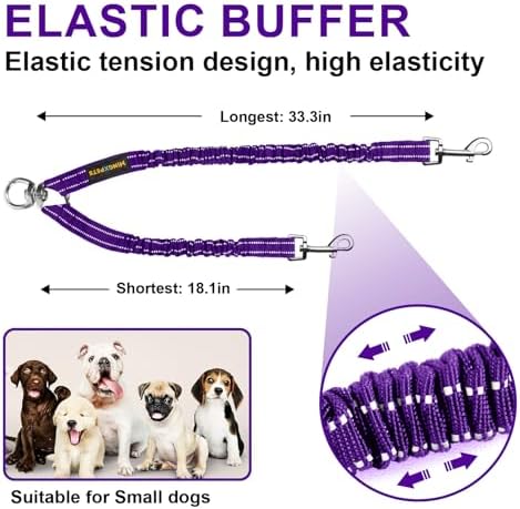 MingXpet 2 Dog Leash, Dog Leash for 2 Dogs, 360° Swivel No Tangle Double Walking Training Leashes for Large Dogs that Pull, Comfortable Shock Absorbing Reflective Bungee, Purple - Image 2