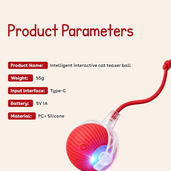 Interactive Cat Toy Ball, Automatic Intercative Cat Toys for Indoor Cats, The 3rd Generation Agile Moving Cat Ball with Elastic Mesh Tail, Toys for Indoor Adult Cats (Red)