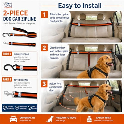 Dog Car Harness & Zipline System - Adjustable Pet Seat Belt for Safe Rides, Reduces Driver Distraction. Durable, Escape-Proof Car Leash for Dogs, Tool-Free Install for Backseat. - Image 4