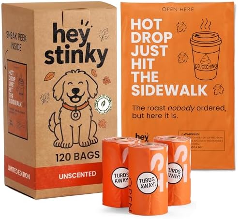 Dog Poop Bags 120 Count – Leakproof, Extra Thick & Easy Open | Bold Orange Unscented Plant-Based PLA + PBAT, Fits All Dispensers | Funny Hey Stinky Design – Supports Service & Therapy Dogs by HeyStinky