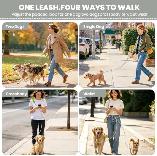 Double Dog Leash, Hands Free Dog Leash Set w/Sponge Handle, Adjustable 4.9-9.8ft for Walking Jogging Running Training, Multifunctional Handheld Crossbody Waist for Small Medium Dogs - Image 2