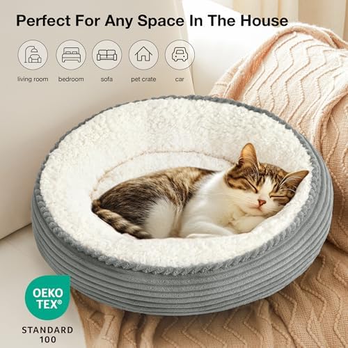 Love's cabin Round Donut Cat and Dog Cushion Bed, 20in Pet Bed for Cats or Small Dogs, Anti-Slip & Water-Resistant Bottom, Super Soft Durable Fabric Pet beds, Washable Luxury Cat Dog Bed Stripe Grey - Image 5