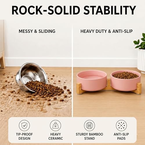 SPUNKYJUNKY Ceramic Dog and Cat Bowl with Wood Stand Non-Slip Matte Glaze Weighted Food Water Set for Cats &Small Dogs 13.5 OZ - Image 3