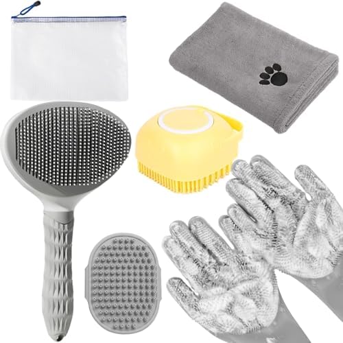 6-in-1 Grey Pet Grooming Kit: Hair Brush, Towel, Washing Gloves, Slicker Brush, and Shampoo Scrubber for Dogs and Cats by KUEIOX