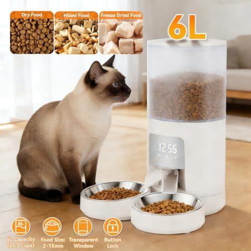 NEWBULIG Automatic Cat Feeder for 2 Pets 6L Dog Food Dispenser, White - Image 3