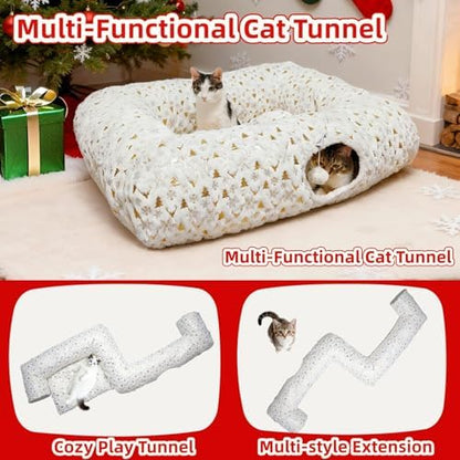 Extra Large Cat Tunnel Bed for Indoor Cats with Warm Mat, Cat Toys Cave Dount Tube for Xmas Decor White - Image 4