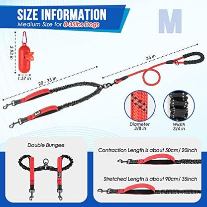 SlowTon Double Leash for Two Dogs, No Tangle & with Two Handles, Red M - Image 2
