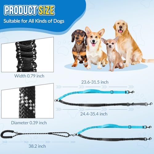 AUTOWT Double Leash for Two Dogs, No Tangle 360° Swivel Dual Dog Leashes with 4 Handles, Super Lightweight for Puppy, Reflective Adjustable Strap and Shock Absorbing Bungee - Image 6