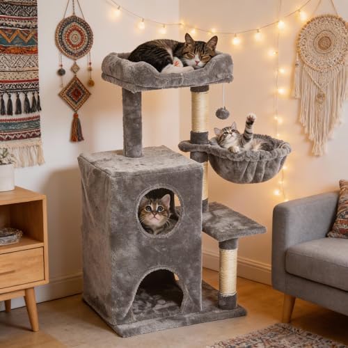 Fansafurn Cat Tree Tower for Indoor Cats, 36-inch Adult Cat Tree House for Large Adult Cats with Steps, Scratching Post, 2 Cat Condo, Dangling Toys, Light Grey by FansaFurn