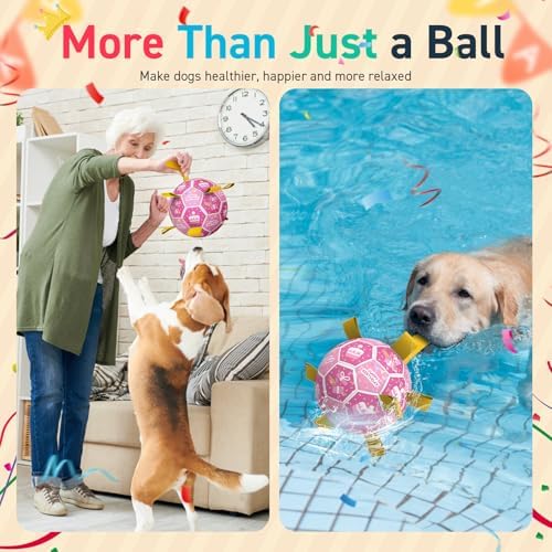 QDAN Dog Birthday Toys, Puppy Gifts, Dog Soccer Ball with Straps, Pink - Image 6