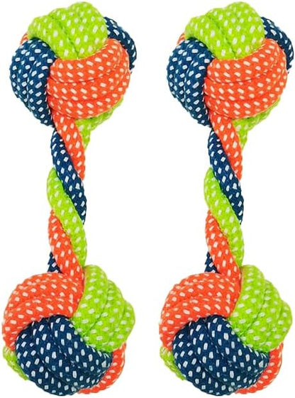 Cotton Rope Dog/Cat Toy, Dumbbell Style Chew Toy, Multicolor Handmade Braided Chew Toy for Dogs/Cats, Tough Dental Knot (2-Piece Set)