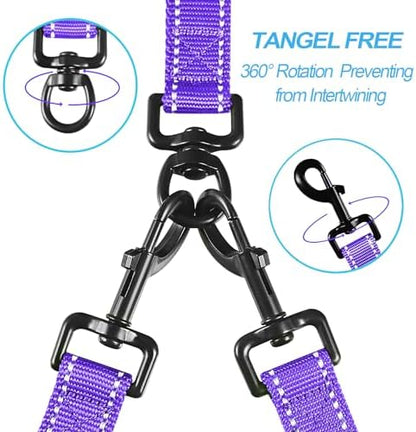 PetBonus Double Dog Leash, No Tangle Dual Leash, Reflective Walking Training Lead, 4 Comfortable Padded Handles for 2 Dogs with Collapsible Bowl and Waste Bags (Purple, Large) - Image 2