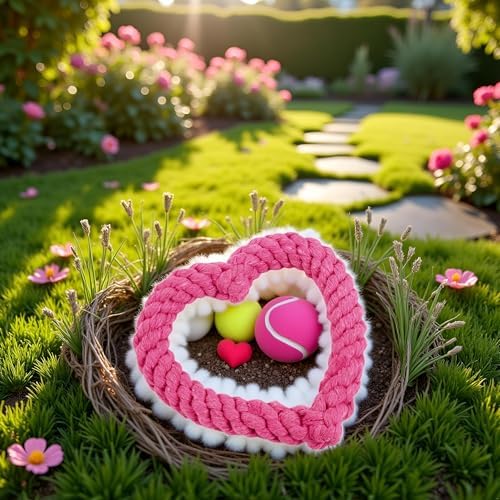 Jinshining Pink Cute Dog/Cat Chew Toys, Dog Toys for Chewers, Heavy Duty Dental Rope Toy for Dogs, Creative Love Heart Shaped Interactive Rope Dog Toys, Cotton Puppy Teething Chew Tug Toy Dark - Image 2