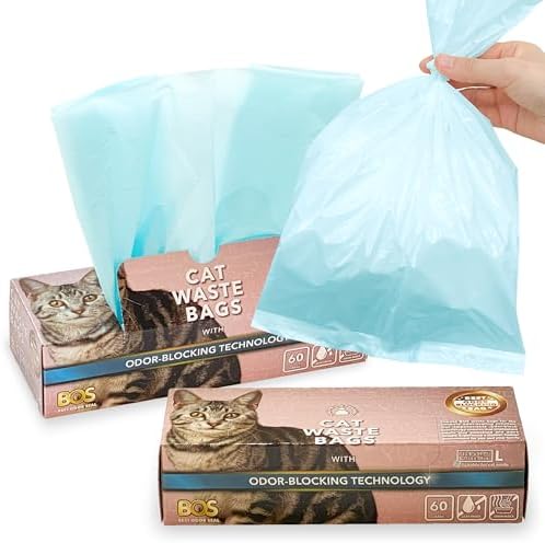Best Odor-Sealing Cat Poop Bags, BOS for Pet Waste & Kitty Litter - Disposal Bags - Scent & Smell Free (60 bags) [Size: L, Color: Light blue] NOT a litter box liner (Pack of 2) by BOS