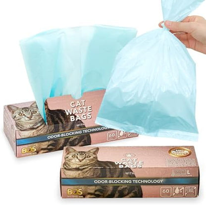 Best Odor-Sealing Cat Poop Bags, BOS for Pet Waste & Kitty Litter - Disposal Bags - Scent & Smell Free (60 bags) [Size: L, Color: Light blue] NOT a litter box liner (Pack of 2) by BOS