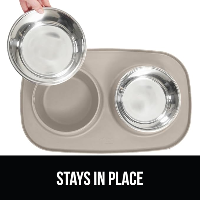 GORILLA GRIP Feeding Mat Bowl Set, 4 Cup 100% Waterproof BPA Free Silicone Base, 304 Stainless Steel Cat and Dog Bowls for Food and Water, Slip Resistant, High Edge, US Designed, Patent Pending, Beige