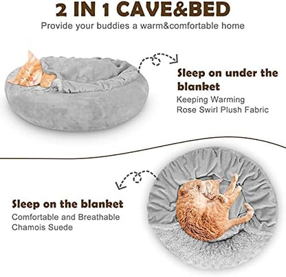 JOEJOY Dog Beds for Small Medium Dogs, Cozy Cuddler Luxury Puppy Pet Bed with Blanket Attached, Donut Round Calming Anti-Anxiety Dog Burrow Cave Bed - Anti-Slip Bottom and Machine Washable 26 inch - Image 3