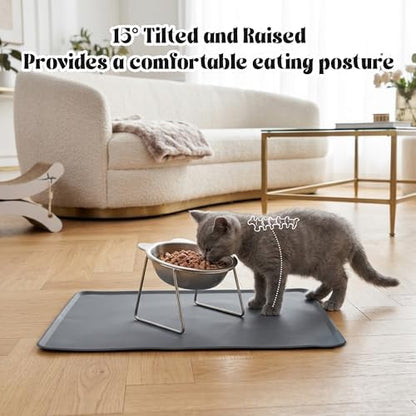 Elevated Cat Bowl with Food Mat - 15°Tilted Stand Raised Cat Bowl, Stainless Steel Whisker Friendly Anti Vomiting Food Water Dishes, Silicone Feeding Mat for Cats Puppy Kitten Small Dog - Image 3