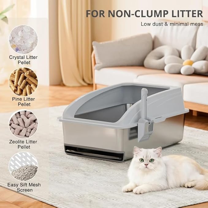 23.6"x15.7"x13.78" Stainless Steel Sifting Litter Box with Lid, XL Sifting Design for Pine Pellets, High Sides Metal Litter Box for Big Cats 7.9in Deep, Easy-to-Clean Removable Drawer Pan