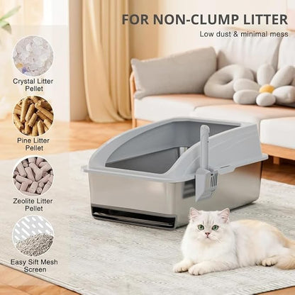 23.6"x15.7"x13.78" Stainless Steel Sifting Litter Box with Lid, XL Sifting Design for Pine Pellets, High Sides Metal Litter Box for Big Cats 7.9in Deep, Easy-to-Clean Removable Drawer Pan