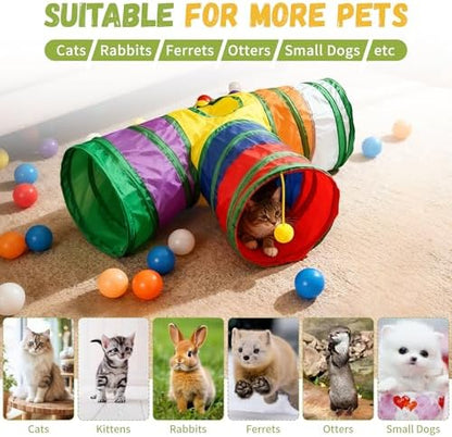 Cat Tunnel,Cat Tunnels for Indoor Cats Interactive, Pet Tunnel Toys for Cats Kitten Rabbits,3 Way Collapsible,Rainbow L 32" T Shape - Image 6