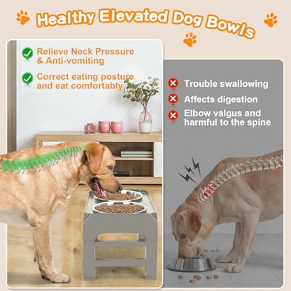 Elevated Bowls, 4 Height Adjustable Raised Stand With 2 Thick 50oz Stainless Steel Food Bowls, Non-Slip Feeder for Dogs, Adjusts to 3.7", 9.2", 10.75", 12.36" Light Brownish Gray - Image 3