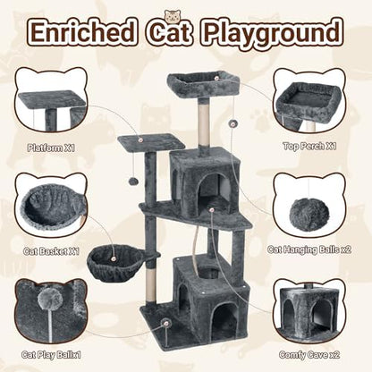 54 Inch Multi-Level Cat Tree Tower with Hammock, Condos & Scratching Posts, Large Cat Furniture for Indoor Cats with Pompoms, Dark Grey - Image 6