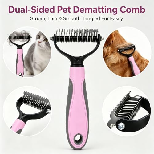 Pet Grooming Brush - Double-Sided Dematting Comb & Deshedding Tool for Dogs and Cats, Effortless Hair Removal, Ideal for Long-Haired Breeds, Reduce Shedding (1, Pink, Large) - Image 5