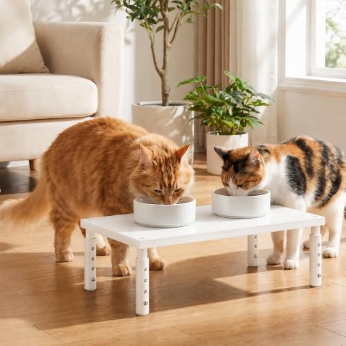 OPNICE Adjustable Cat Food Stand, Elevated Cat Feeder Stand with 4 Height Settings, Automatic Cat Feeder & Tradition Bowls, Raised Pet Feeding Table Station for Cats & Small Dogs, White Wood - Image 6