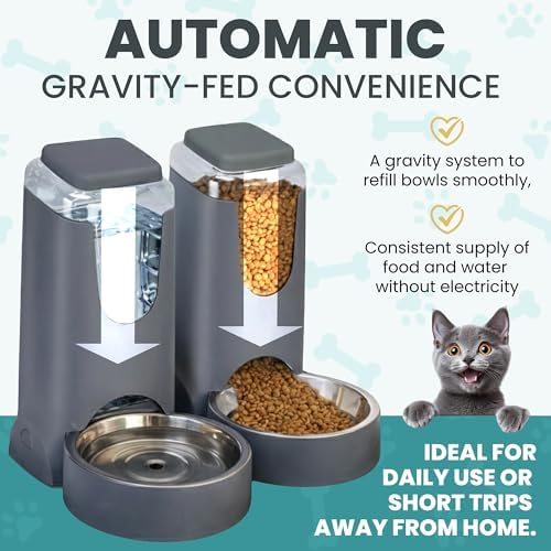 Automatic Cat Feeder 2.8L/4L Water Dispenser Set w/Tray Mat, Gravity Pet Feeder, Large Capacity Non-Spill Cat Water & Food Stainless Steel Bowls, Water Dispenser for Feeding Cats & Dog - Image 3