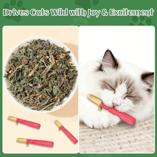 4 Pack Hand-Rolled Catnip Sticks with Chew Rope & Bell -Shaped Cat Toys for Indoor Cats and Kicker Toys, Teething Chew and Play Fun (Pink) - Image 6