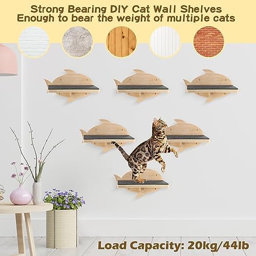 Lenwen 6 Set Cat Wall Shelves, Wood Cat Climbing Step, Wall Mounted,Fish - Image 6