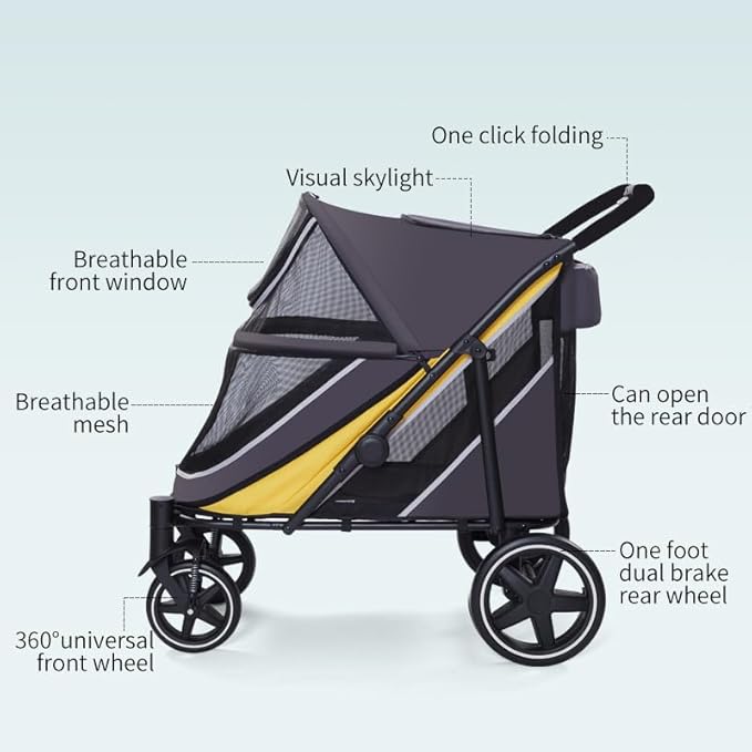 Large Dog Stroller-4 Wheel Pet Strollers for Medium Dogs or 2 Dogs- One-Click Foldable - Large Breathable Mesh & Sunroof - All Terrain Pet Stroller for Medium Senior Dog up to 88 lbs (Yellow)