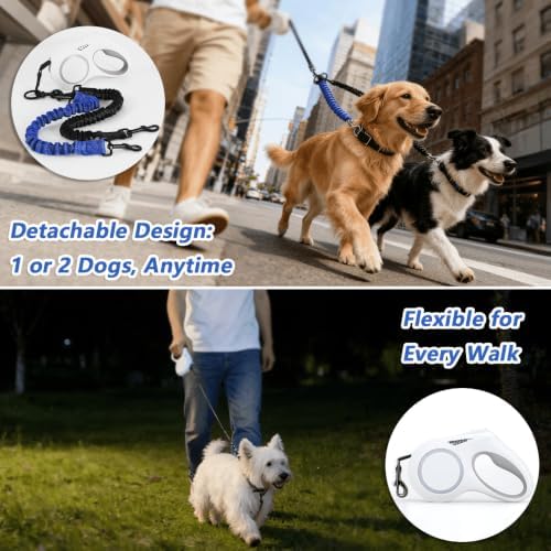 16.4ft LED 360° Dual Retractable Dog Leash for Medium Dogs 35–55 lbs, USB Rechargeable LED Light, 360° Tangle-Free, Detachable Front Lead & Emergency Ready, Reflective Elastic (White) - Image 4