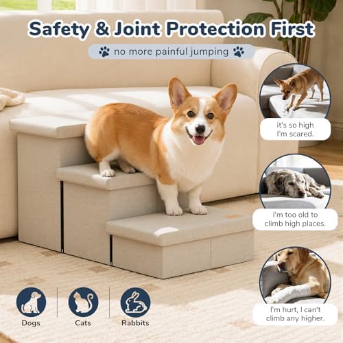3-Step Wide Dog Stairs with Hidden Storage 18" H, Non-Slip Dog Steps for High Bed Couch Window Car, Jiont-Friendly Pet Stairs Ramp for Small/Medium/Large Old Dogs Cats Up to 220lbs, Beige - Image 6
