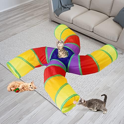 Bemodst S-Type Cat Tunnel, 2 Way/3 Way/4 Way/5 Way Collapsible S-Shape Small Animal Tubes Kitty Tunnels Interactive Maze House Toy with Storage Bag for Kitten Puppy Rabbit Guinea Pig (Rainbow-4 Way) - Image 4