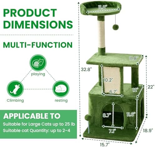 32.8inch Small Cat Tree Tower Condo for Indoor Cats, Soft Plush Multi-Level Climbing Tree Cat House with Cat Cave, Scratching Post, Sisal Rope, Green - Image 3